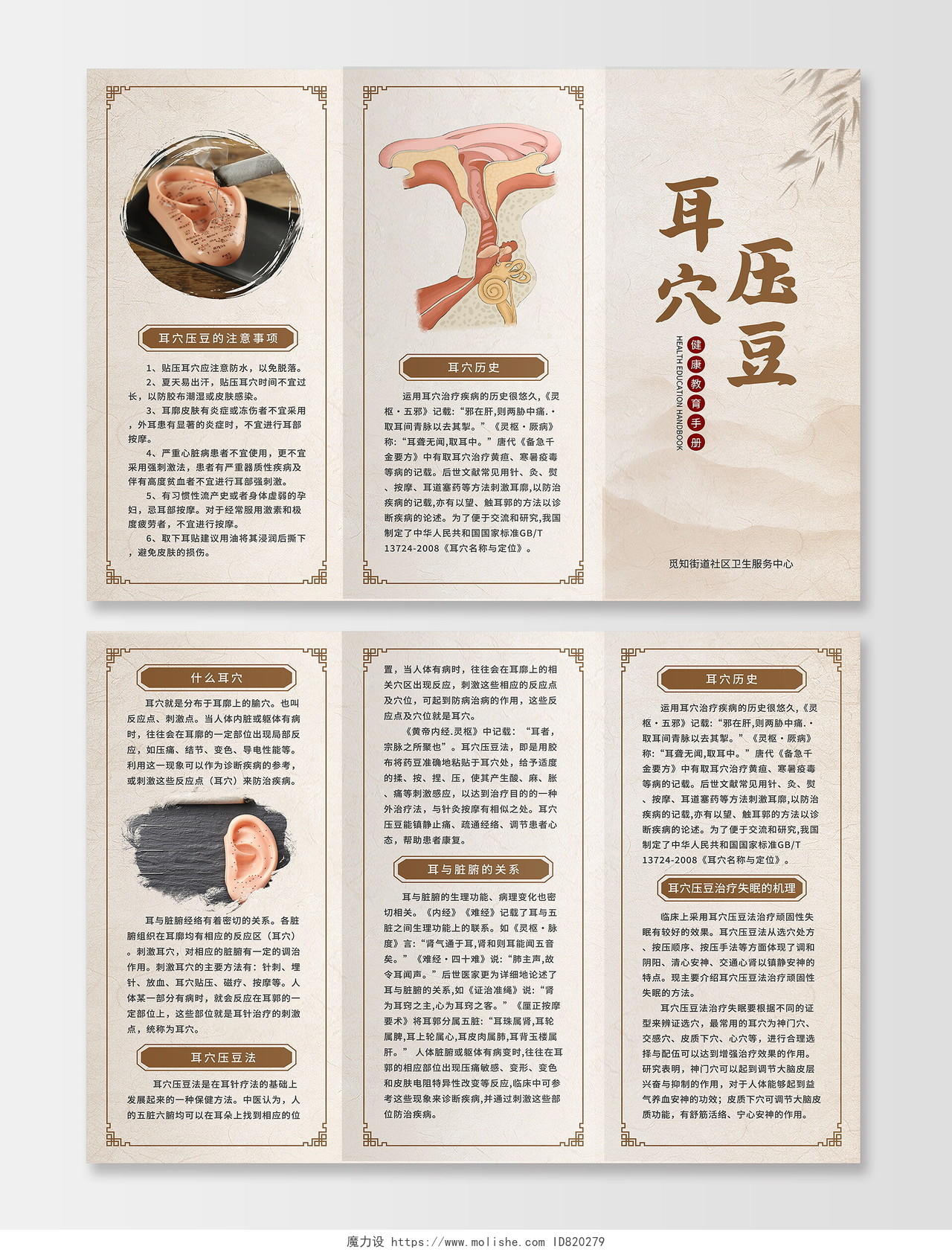 棕色中国风简约中医耳穴压豆宣传三折页设计